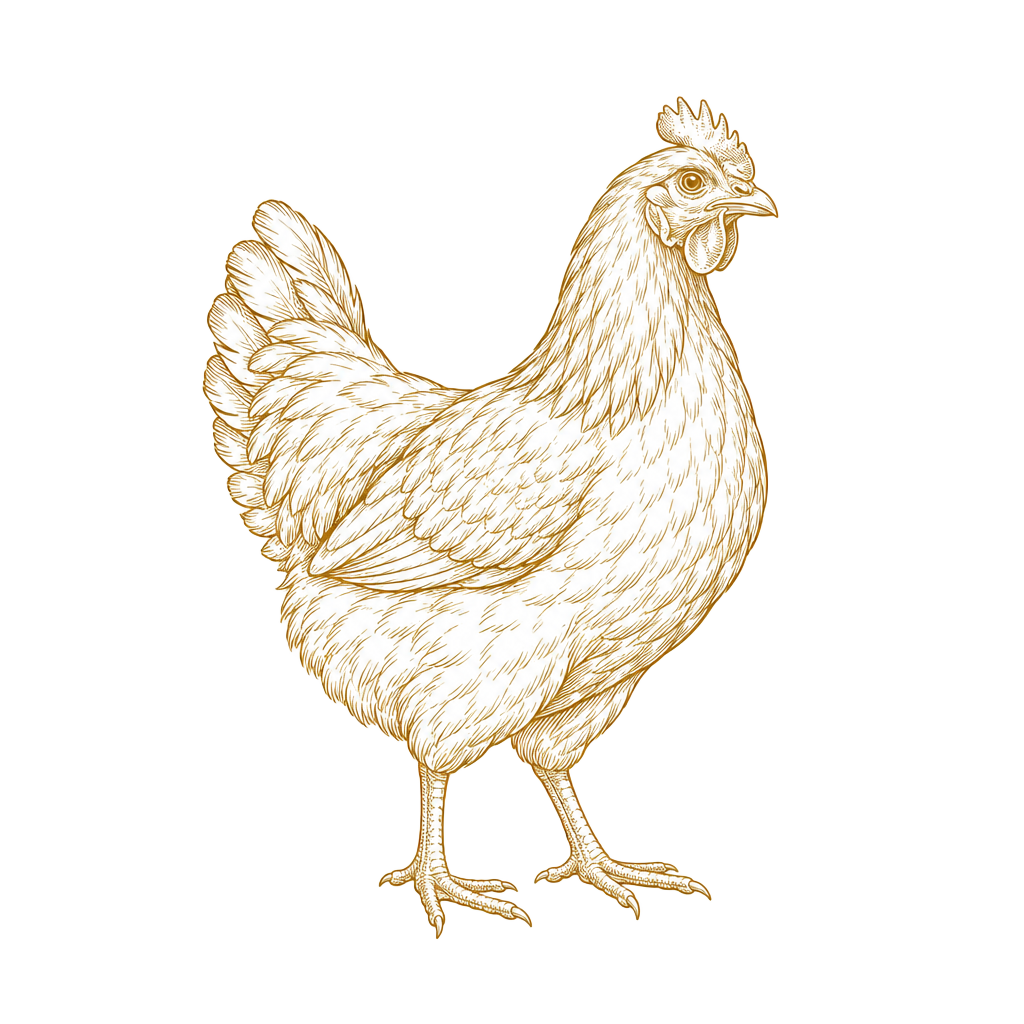 Gold line drawing of a hen