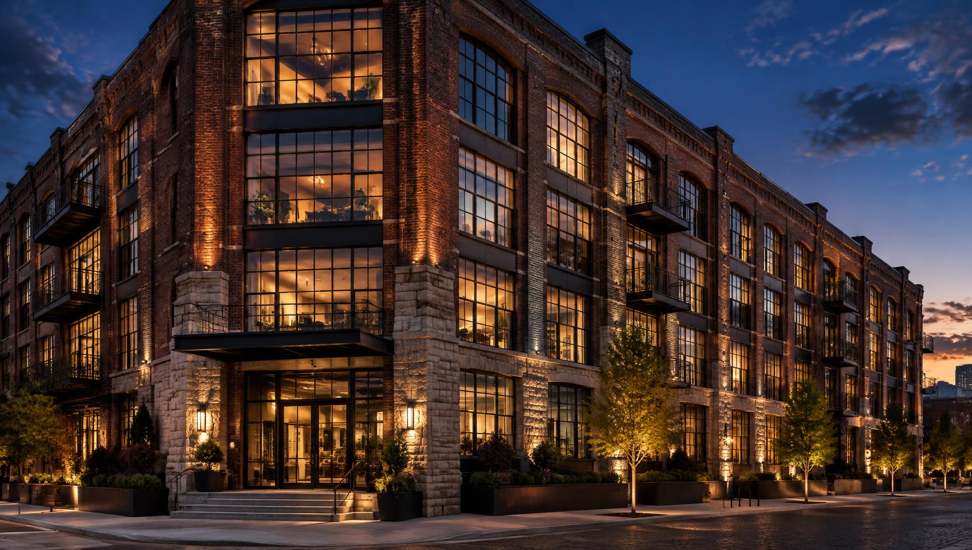 A historic brick industrial building redeveloped into modern residences at dusk